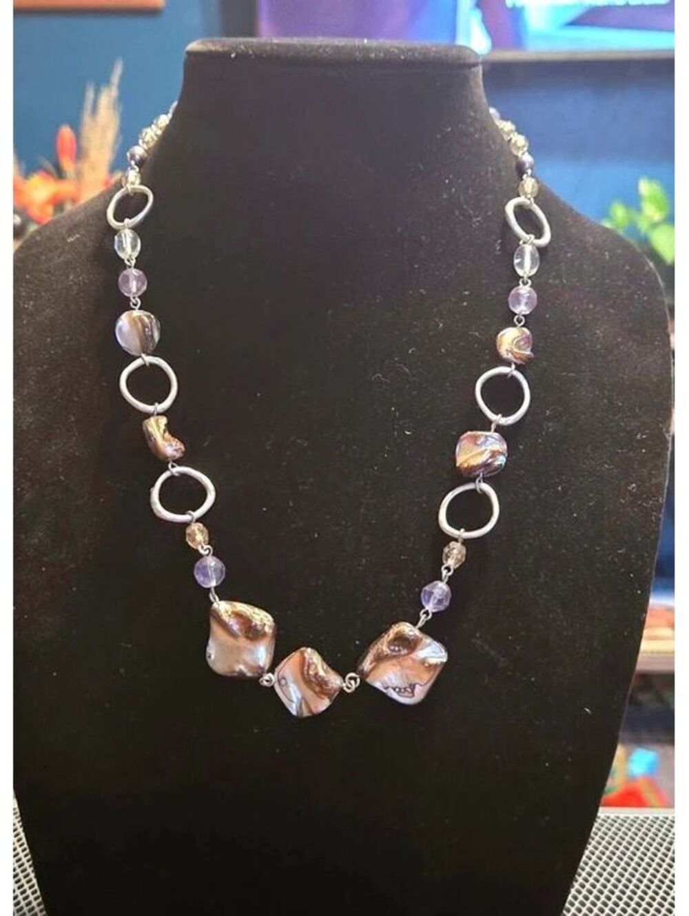 Lia Sophia Silver Tone Necklace with Mother of Pearl and Glass Beads